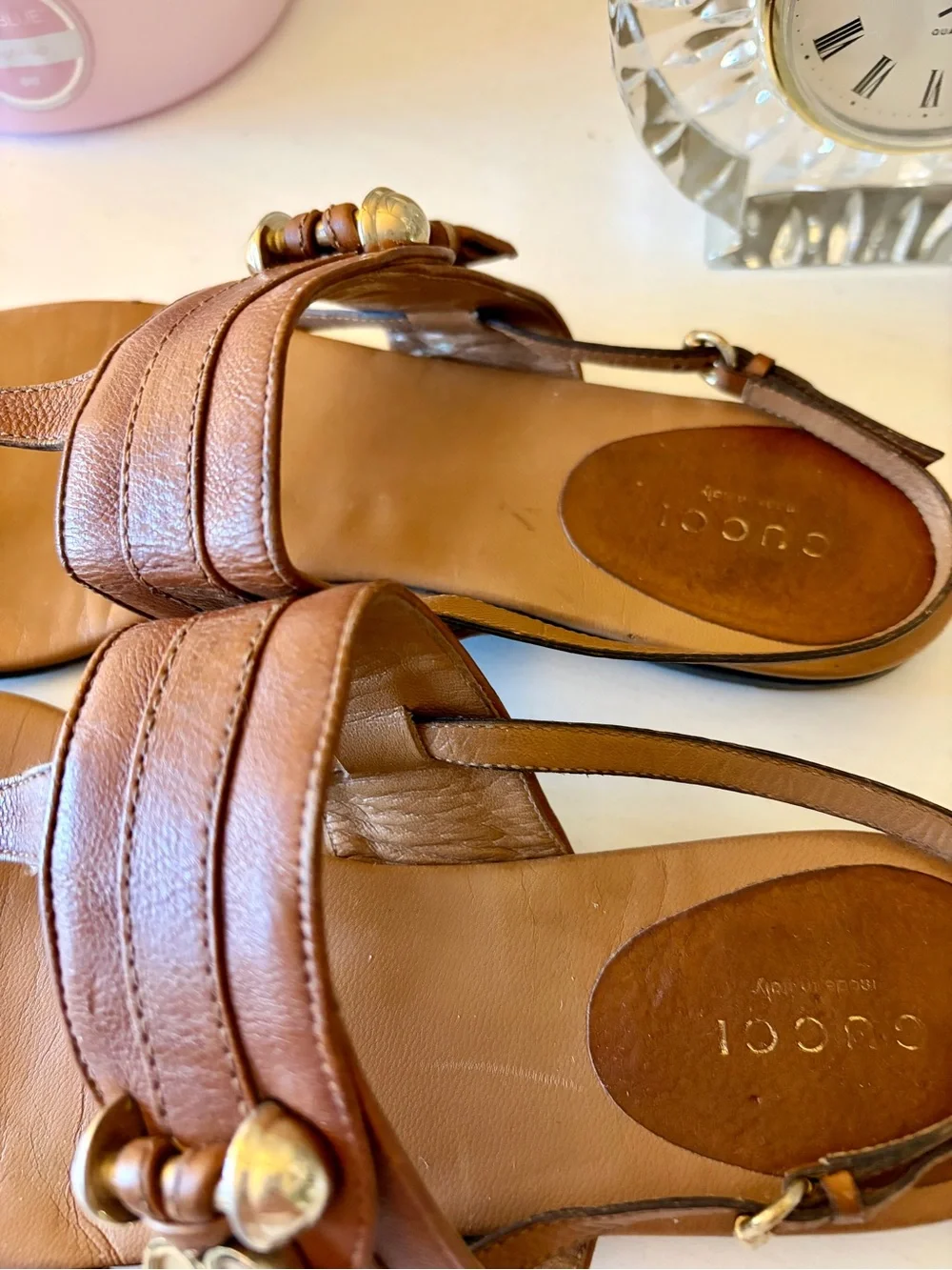 Gucci Brown Leather Thong Sandals with Gold Accents